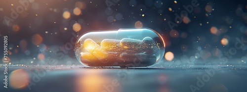 Illuminated capsule pill with a dynamic, abstract background, suggesting advanced pharmaceutical technology or health innovation.