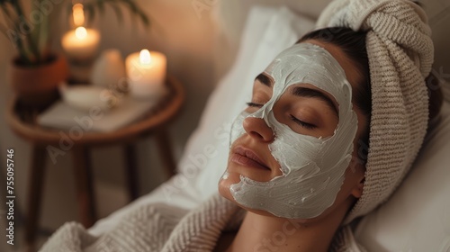 Woman enjoying a facial clay mask treatment. Indoor wellbeing and self-care routine concept for health and beauty spa promotional materials.