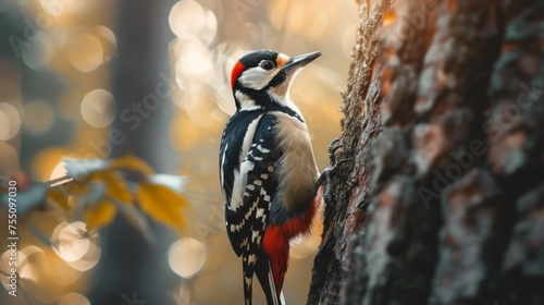 A woodpecker is perched on a tree trunk, pecking away at the bark with its beak