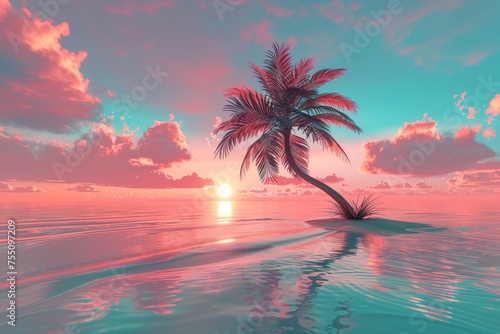 Palm Tree in the Middle of an Ocean at Sunset