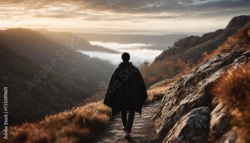 a man walking downhill wearing a black poncho in a lonely rocky and hazy landscape