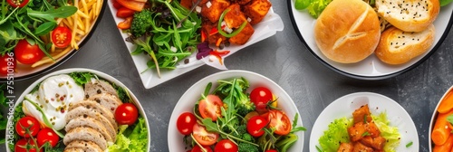 Assorted healthy dishes on a dark background - Various healthy meals like salads, chicken, and sandwiches for a balanced diet selection