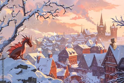 Illustration of a winter landscape and dragon over the old town