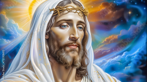 Jesus Christ in the sky in crown of thorns. Jesus with a crucifixion crown. catholic religious art. Jesus of Nazareth 