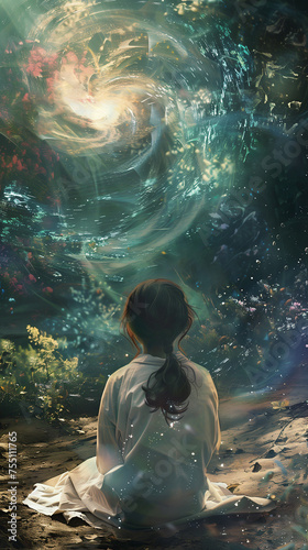 girl meditating in cosmic nature, whimsical art