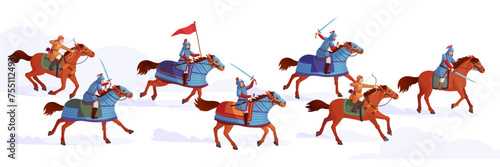 Horse cavalry. History horses warriors battle scene, ancient army royal horseguard, war china warrior hun or mongol cavalier medieval soldiers attack, ingenious vector illustration