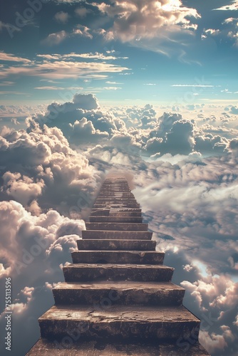 a beautiful straight stairway going to the clouds, ladder to sky, stairway to heaven