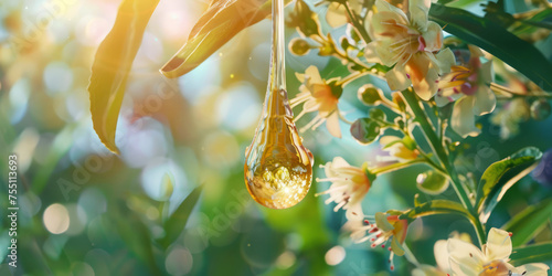 A stunning close-up of a single dewdrop suspended on flower petals, illuminated by sun flares in a dreamy garden