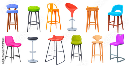 Bar stools. Tall stool, standing high seat for bar club or office store, modern vintage wooden chairs restaurant bistro kitchen studio furniture, cartoon neat vector illustration