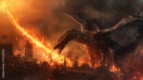 a dragon destroying a city with his fire, dragon flying over the city he destroyed