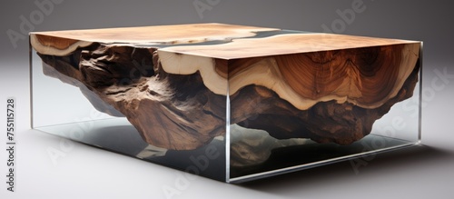 A piece of hardwood is displayed inside a glass cube, serving as an art piece. It could be used as a table or flooring in a building, house, or even as a toy for a carnivore like a cat