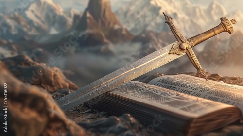A Sword and an open Book Bible with Nature Mountains in the Background. AI Generative