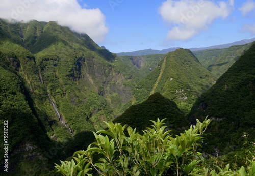Takamaka, a scenic waterfall in the Reunion island and mountain landscape 