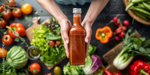 A hand holds a bottle of homemade sauce with fresh vegetables around, emphasizing healthy eating