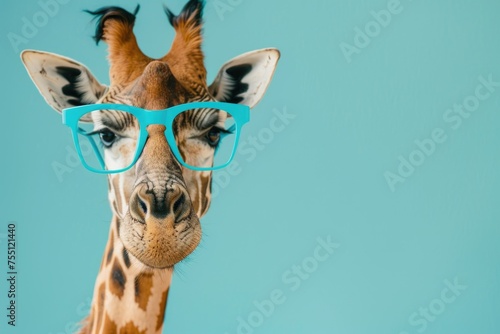portrait of a giraffe wearing turquoise blue glasses on a pastel turquoise background. empty space for text. Africa. Banner.