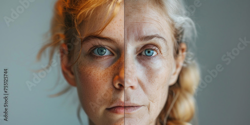 immagine di una donna americana divisa in due. Un lato del suo viso è una versione di lei come adolescente di 18 anni, mentre l'altro lato è una versione adulta di lei come donna di 70 anni