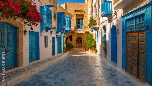 Beautiful street in summer in Hammamet Tunisia historical