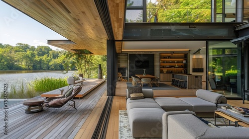 A riverside craft house with a cantilevered deck and sleek, modern interiors.