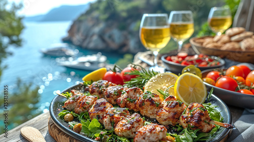 Greek food concept with farmers salad and souvlaki skewers and white wine glasses in front of the sparkling blue Aegean sea during summer time