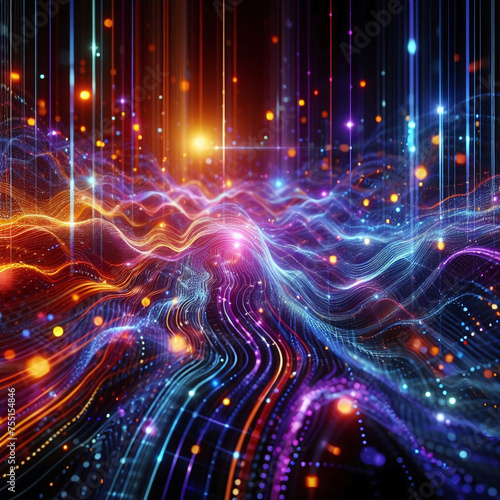 Light waves form pattern. Bright neon colors. Light lines flow. Particles add depth. Mood is energetic, futuristic. Themes - technology, digital innovations.