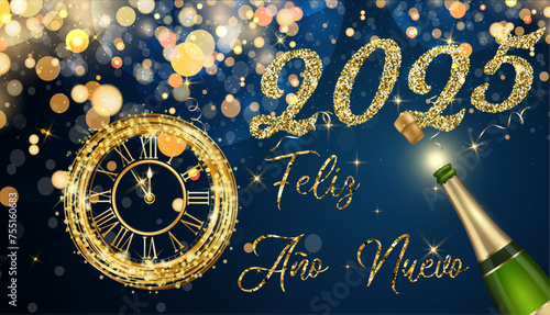 tarjeta o pancarta para desear un feliz año nuevo 2025 en oro con un reloj en la parte inferior, una botella de alcohol sobre un fondo azul degradado con círculos dorados y purpurina en efecto bokeh