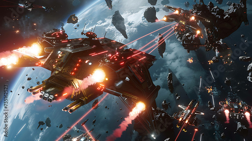 The image is a concept art of a space battle. It shows several spaceships engaged in combat, with lasers flying and explosions happening.