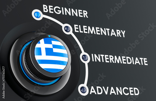 Greek levels, learning and improvement Greek language, concept with scale knob. 3D rendering