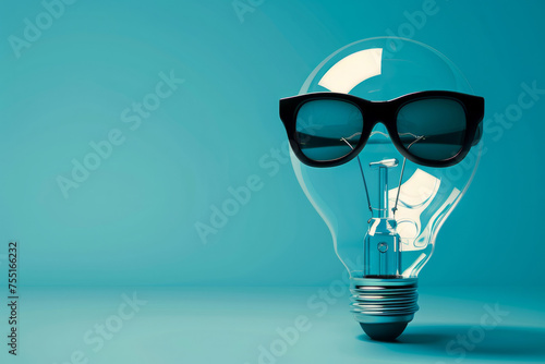 A light bulb with sunglasses on top of it. The image has a fun and playful mood, as it combines a common object with a more unconventional accessory. bulb wearing Sunglasses and thinking deeply