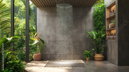 Luxury eco-friendly shower featuring ceiling-mounted rain shower head in modern bathroom with lush greenery