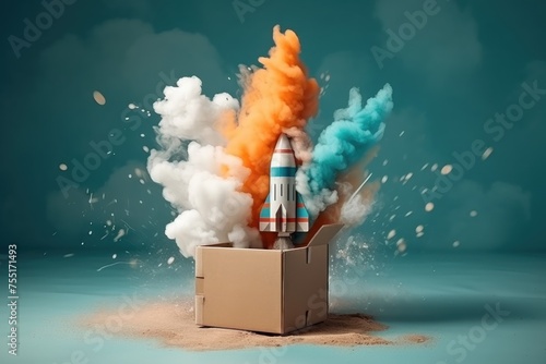 Rocket coming out of a box, 3d rendering toned image, banner for Cosmonautics Day