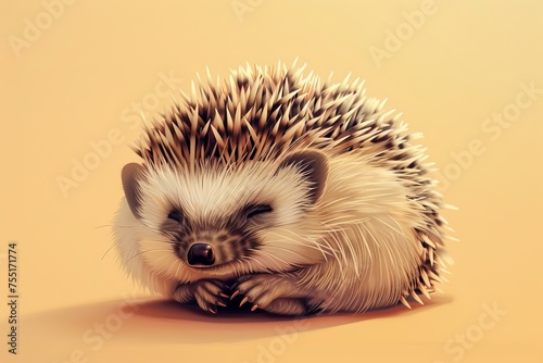 A small hedgehog is sitting on top of a table, its quills slightly raised. The table surface is smooth and wooden, with no other objects nearby