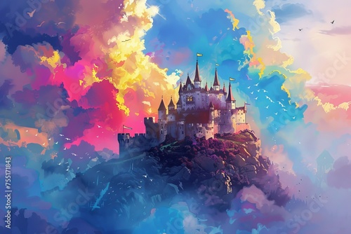 A painting portraying a grand castle situated high in the clouds on a hill. The castle is surrounded by mist and clouds, giving it a magical and mysterious atmosphere