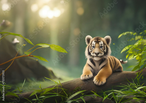 Słodki mały tygrys odpoczywający na gałęzi