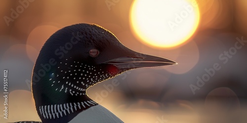 A loon displays its beak in photorealistic detail against a sky pinked by the setting sun. Close-up of a common loon under the magical touch of the twilight sun in tonal reproduction.