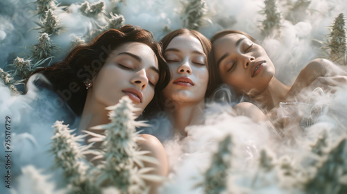 Women sleeping in white cannabis bushes in cloud. Fashion models lying and relaxed with closed eyes in field of hemp. Aesthetic modern look of medicinal hemp for deep relaxation, stress relief