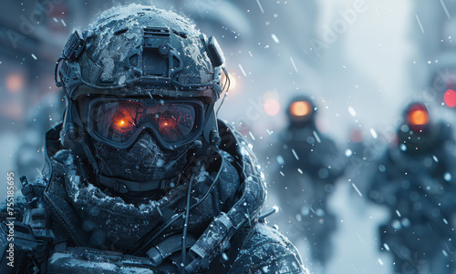 Spec ops police officers SWAT in black uniform with night vision goggles and weapons in the winter city street.