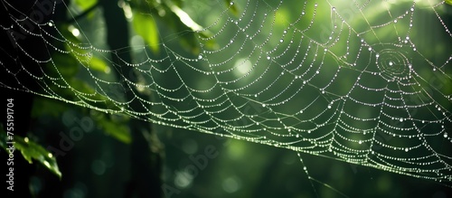 A spider web with water drops hangs from a tree branch in the forest, creating a natural and beautiful pattern. The moist environment enhances the closeup view of this terrestrial plant