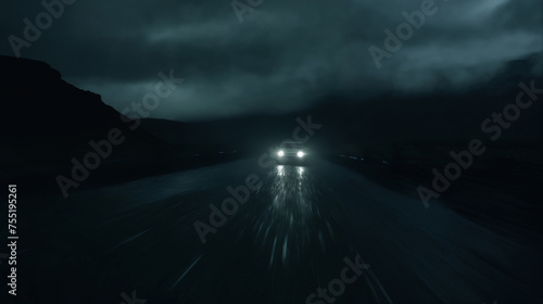 the car is driving on the road at night, cloudy sky and rain
