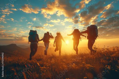Grupo de amigos disfrutando del verano, desde una montaña, corriendo, vistas increíbles, amanecer, atardecer. Cielo con mucho sol. Haciendo senderismo, deporte y estilo de vida saludable