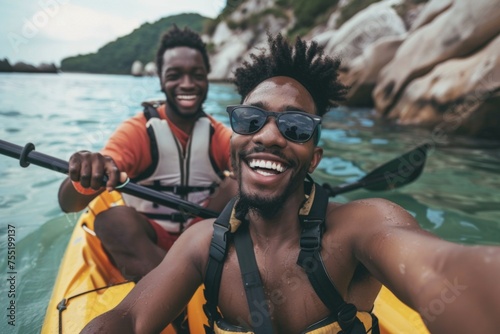A young couple beams with happiness in a selfie as they navigate the calm waters on a kayaking trip, embodying adventure and connection.