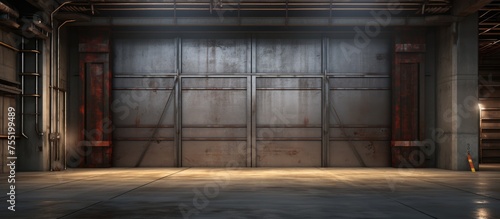 An empty garage with an open door revealing the interior of the warehouse. The space is devoid of any vehicles or equipment, with the focus on the shutter doors opened wide.