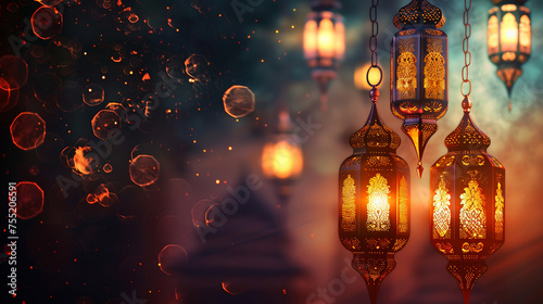 Glowing lanterns on arabic pattern background for festive Ramadan Kareem Eid Mubarak Eid al Fitr and Eid al Adha Happy eid illustration, decoration greeting banner with copy space, festival poster
