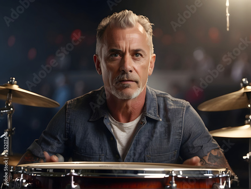 A mature male drummer with stylish grey hair, is sitting at his drum set with a contemplative look against a dark, bokeh background