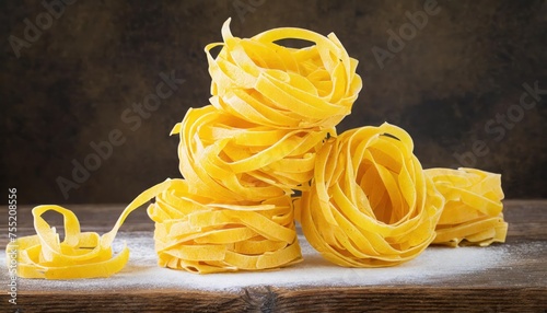 Yellow Italian tagliatelle or Fettuccine pasta classic stack, nest egg Italian pasta