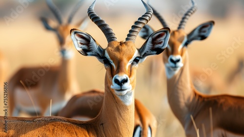 Close up image of a group of impala antelopes in the african savanna during a safari