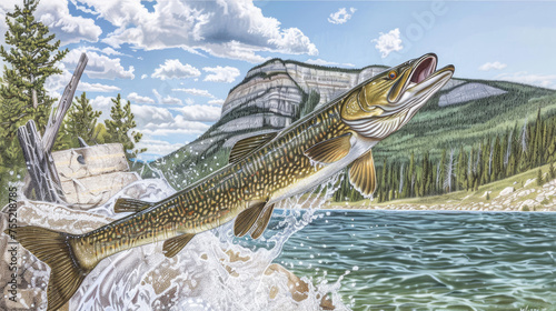 A vibrant illustration of a pike fish leaping from a forestlined lake with mountains in the backdrop under a cloudy sky