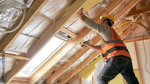 Construction worker thermally insulating house attic with mineral wool