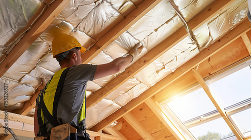 Man installing thermal insulation layer under the roof using mineral wool panels, Construction worker thermally insulating eco a house