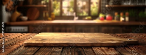 A hardwood plank table with a varnished cutting board, made from natural wood in a kitchen. The wooden flooring complements the plantfilled house