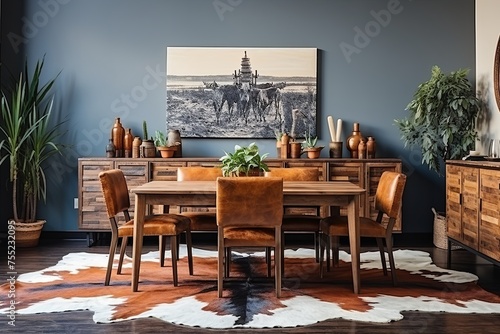 Cowhide Rug Charm: Southwestern Desert Dining Room Ideas with Rustic Texture